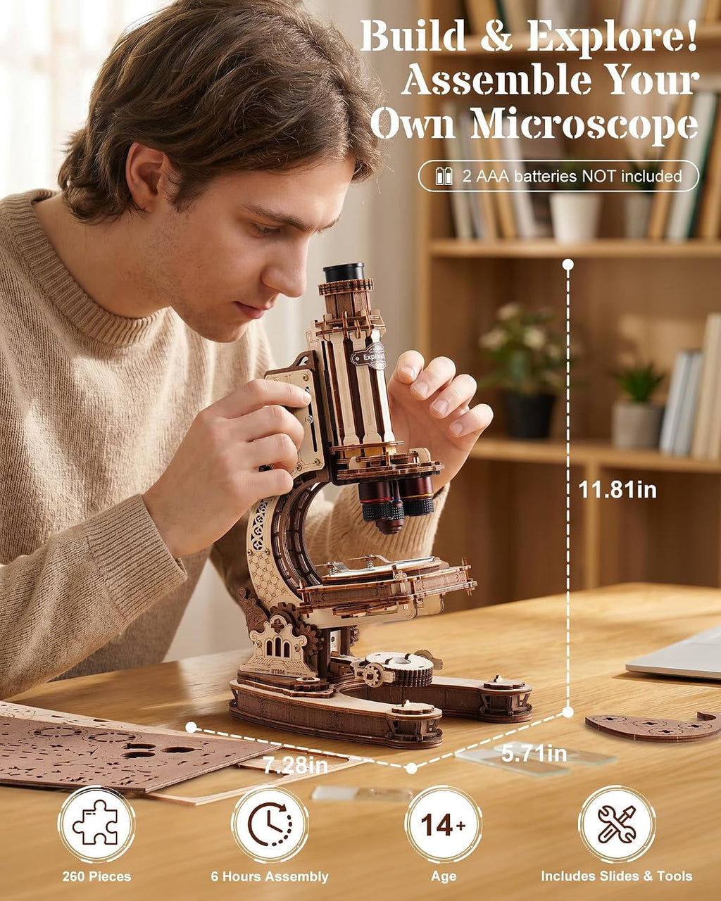 ROKR Functional Wooden Microscope 3D Puzzle Kit, 260-Piece Mechanical Model with 40X, 100X and 400X Magnification, LED Light and Adjustable Focus for Ages 14+