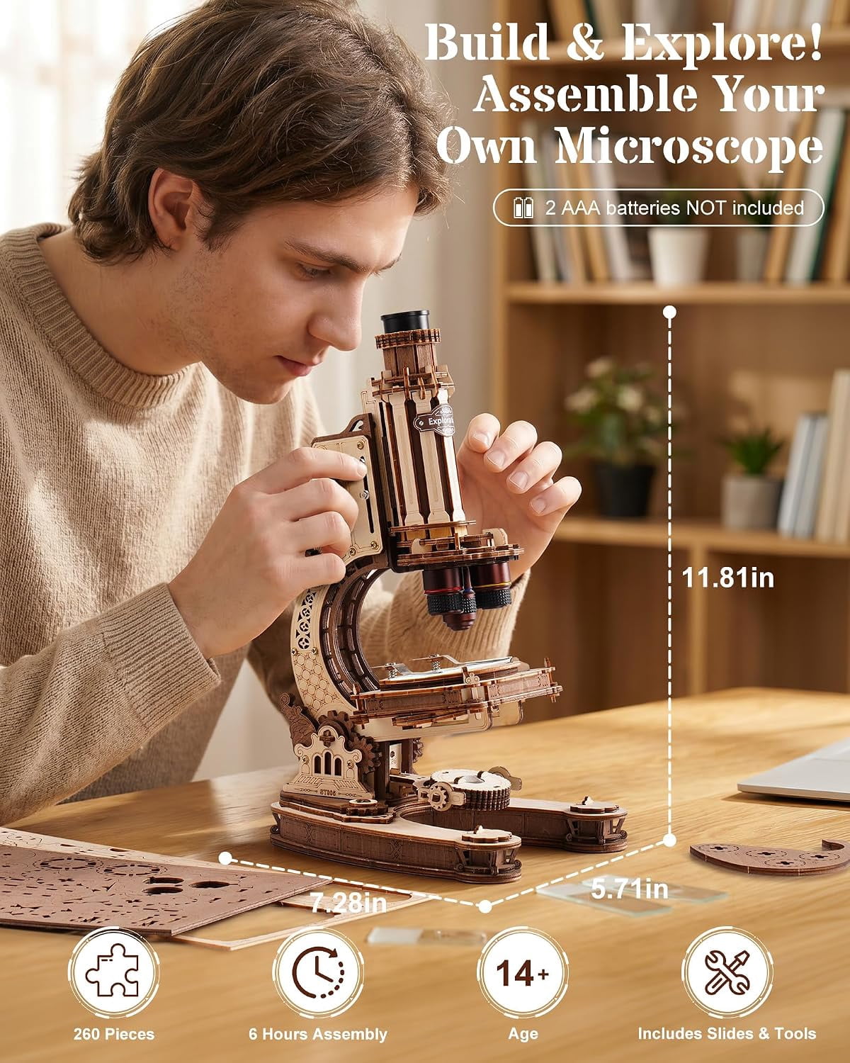 ROKR Functional Wooden Microscope 3D Puzzle Kit, 260-Piece Mechanical Model with 40X, 100X and 400X Magnification, LED Light and Adjustable Focus for Ages 14+