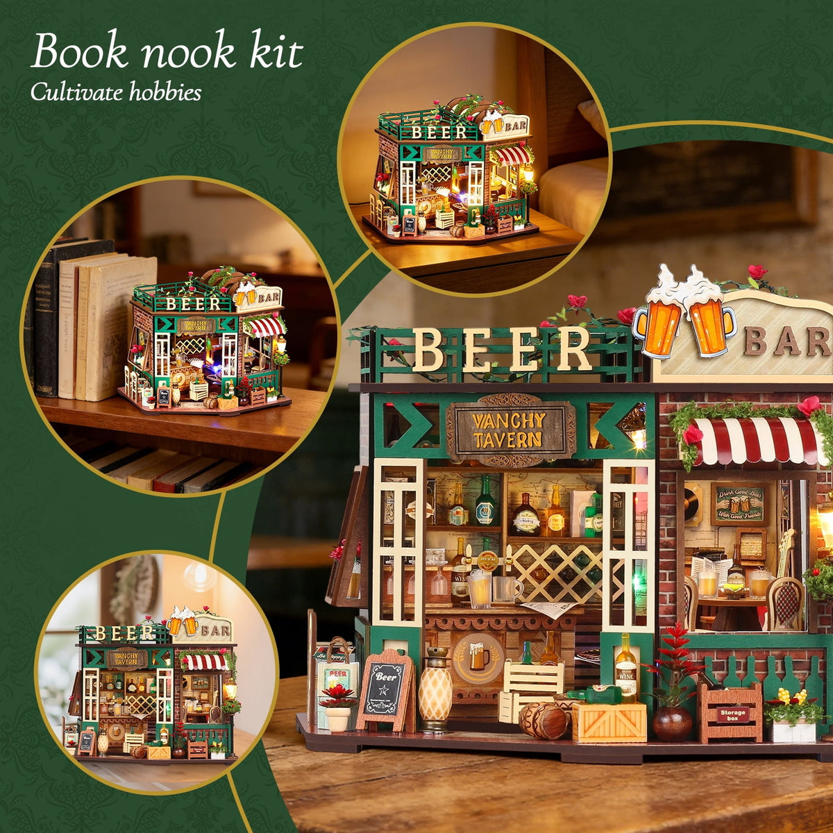 WLBES 3D Wooden Puzzle Book Nook Kit for Adults, DIY Miniature Tavern House Model Kit, Cute Book Nooks for Bookshelf, Home Decor Craft Hobby