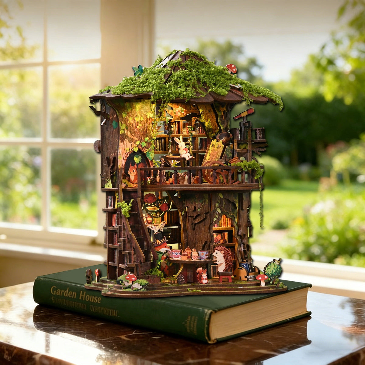 DIY Book Nook Kit with LED Light,Forest Tea Book Club Miniature House Bookshelf Insert Decor, 3D Wooden Puzzle Dollhouse Craft Kit for Adults Teens, Book Lover Gift