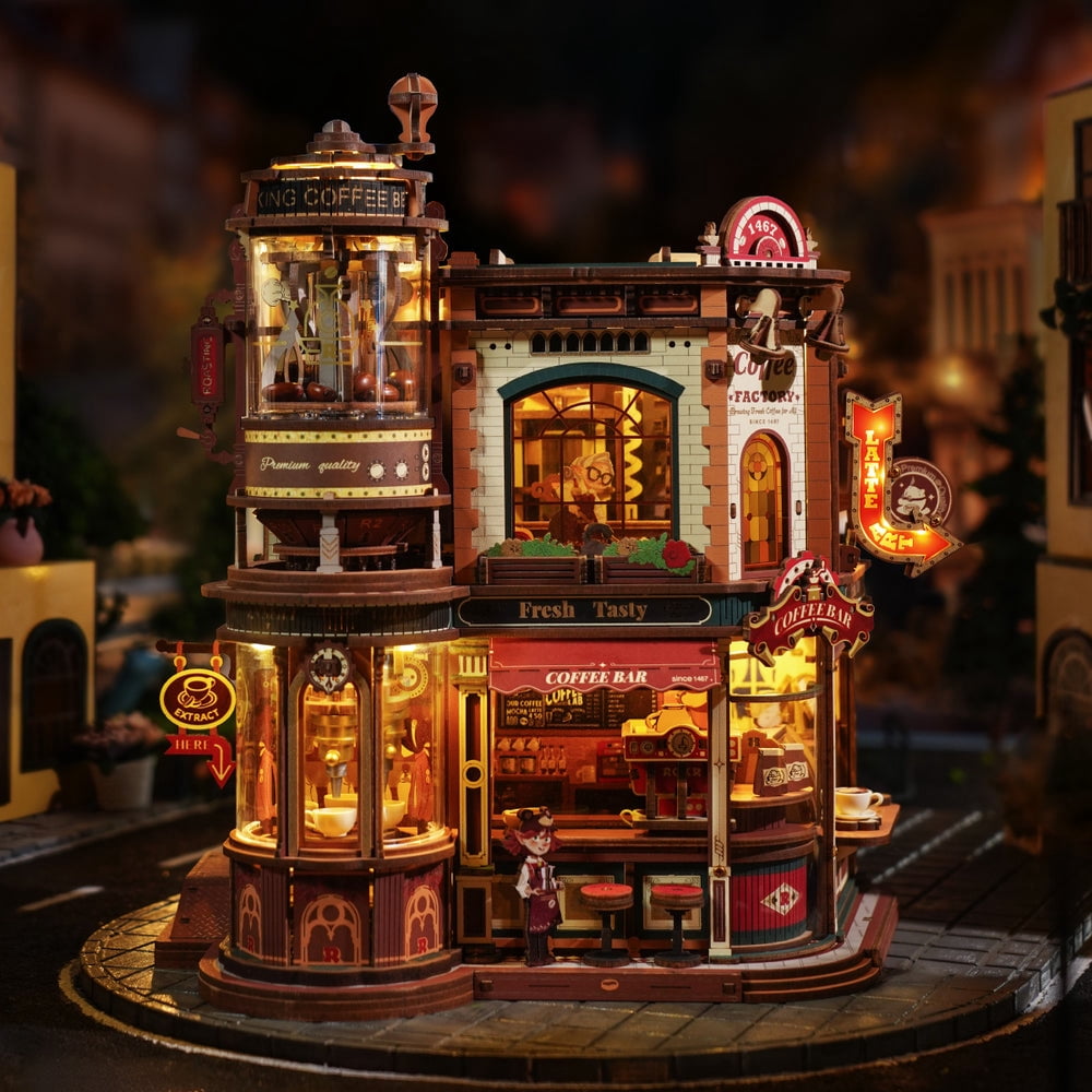 ROKR Dream Coffee Factory Music Box Wooden 3D Puzzle for Adult, LED Lights & Music Building Mechanical Model Kits Home Decor Xmas Gift