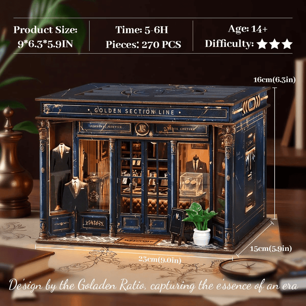 Qissep Book Nook Kit for Adults - Golden Section Line DIY Miniature Dollhouse 3D Wooden Puzzle, Creative Bookshelf Insert Decor, Unique Home Decoration Craft Kits for Women Men