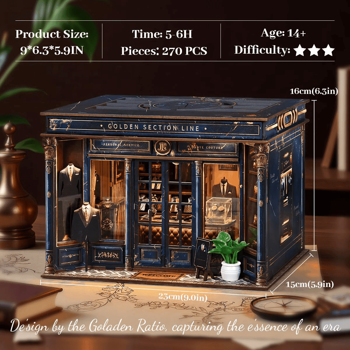 Qissep Book Nook Kit for Adults - Golden Section Line DIY Miniature Dollhouse 3D Wooden Puzzle, Creative Bookshelf Insert Decor, Unique Home Decoration Craft Kits for Women Men