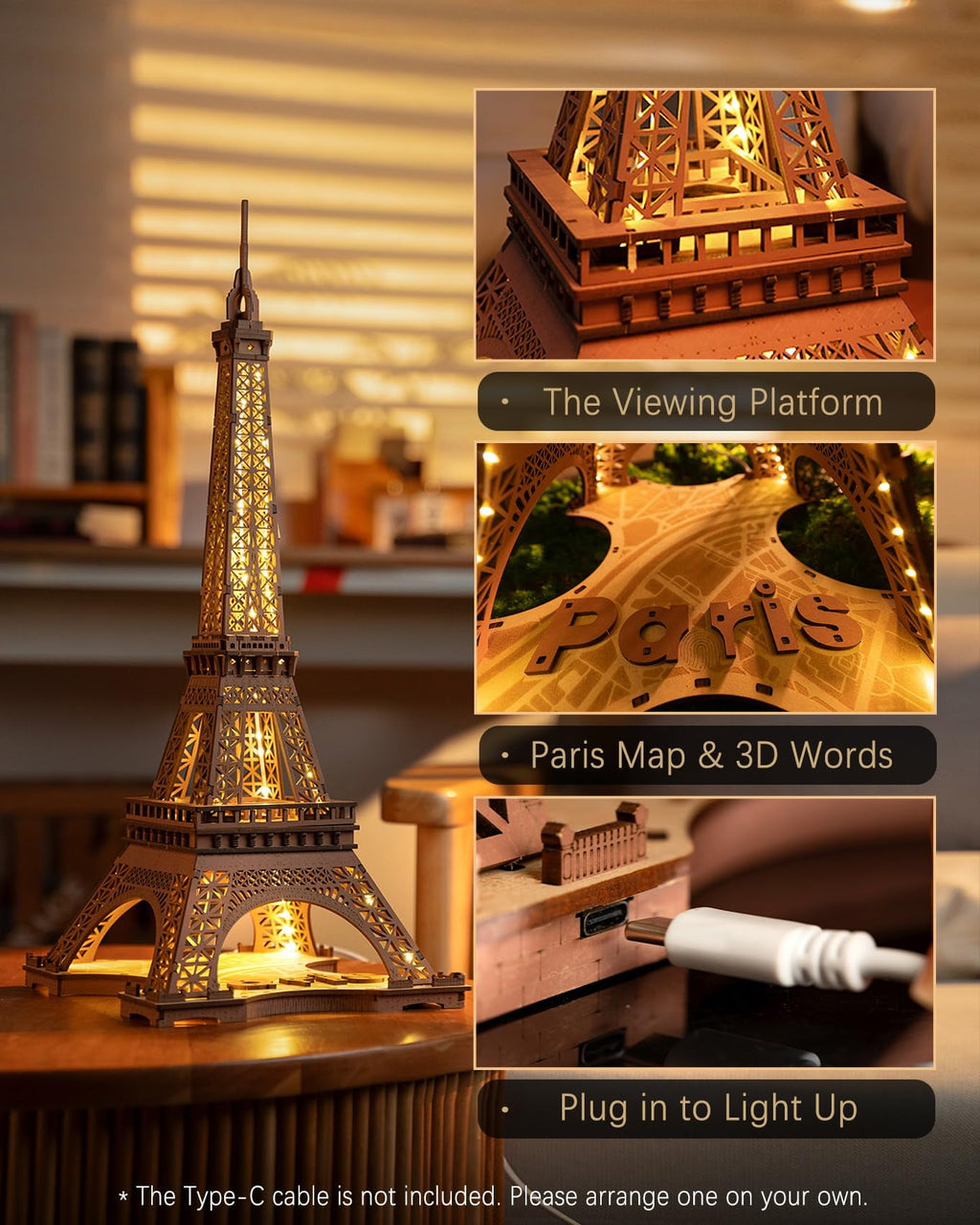 Rolife Night of the Eiffel Tower 3D Wooden Puzzle,Craft Kits With Lights Architecture Construction Model for Teens Adult