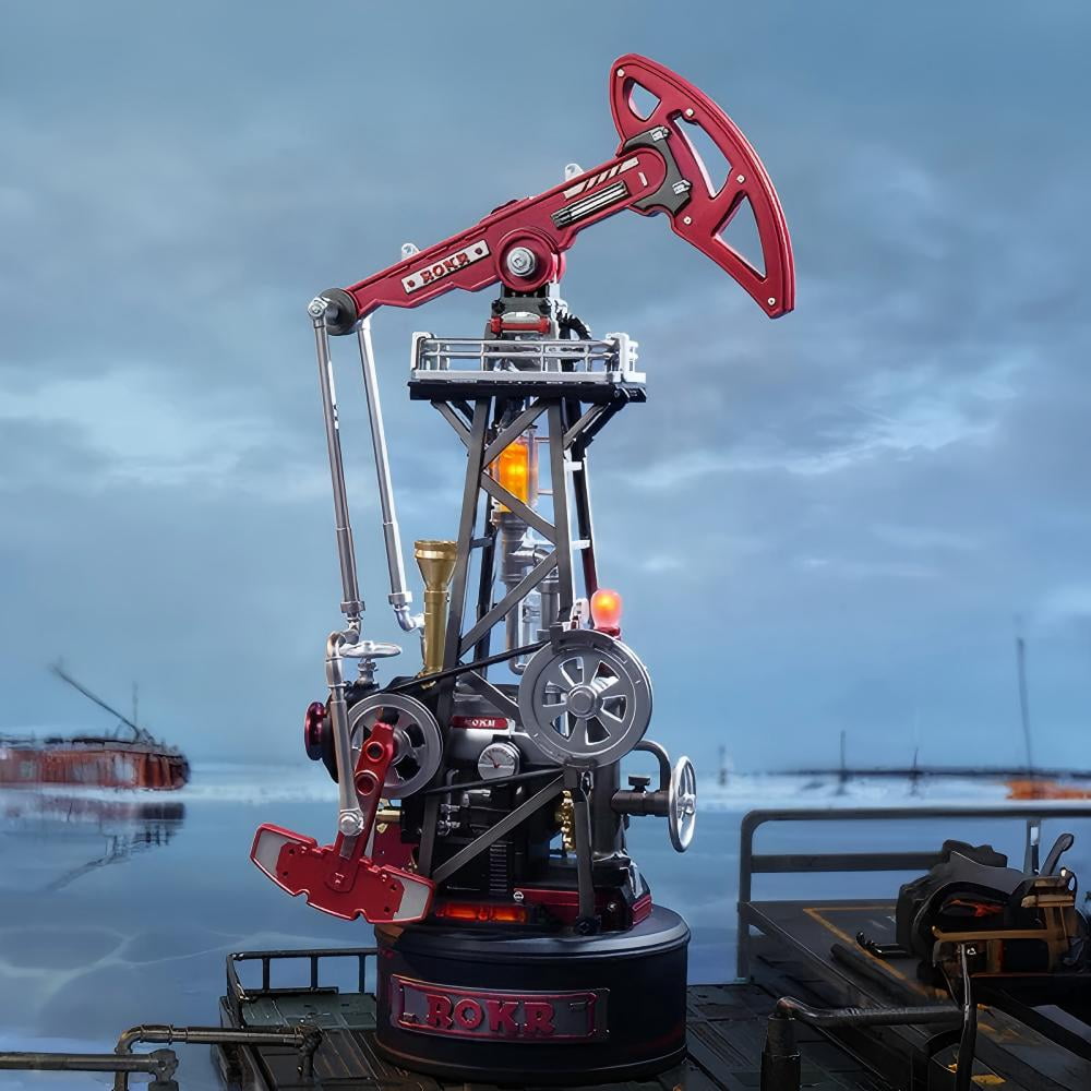 ROKR Oil Pump Jack Mechanical 3D Wooden Puzzle, DIY Industrial Model Kit with Moving Gear Mechanism, LED Display, Type-C Powered Desk Decor Gift for Adults and Teens