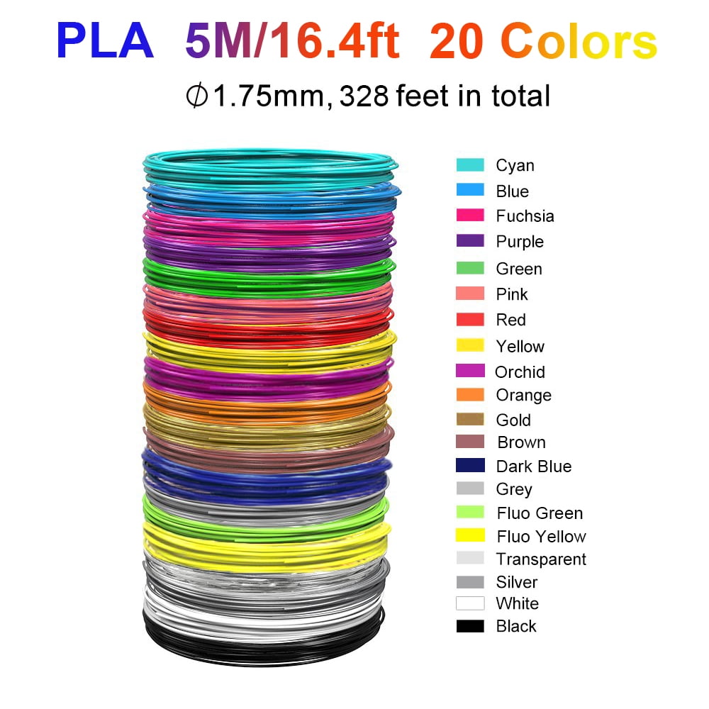 TekDeals 20 Colors 3D Pen Printer PLA Filament Refills High Precision, 1.75 mm Dia., 323 Feet
