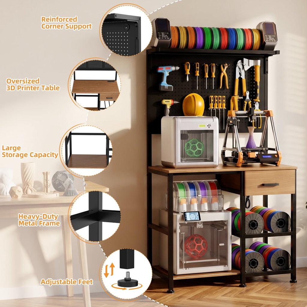 3D Printer Workstation with Filament Storage, Drawer, Pegboard, Hooks, LED Lights & Charging Station for Home Studio Garage,Without LED