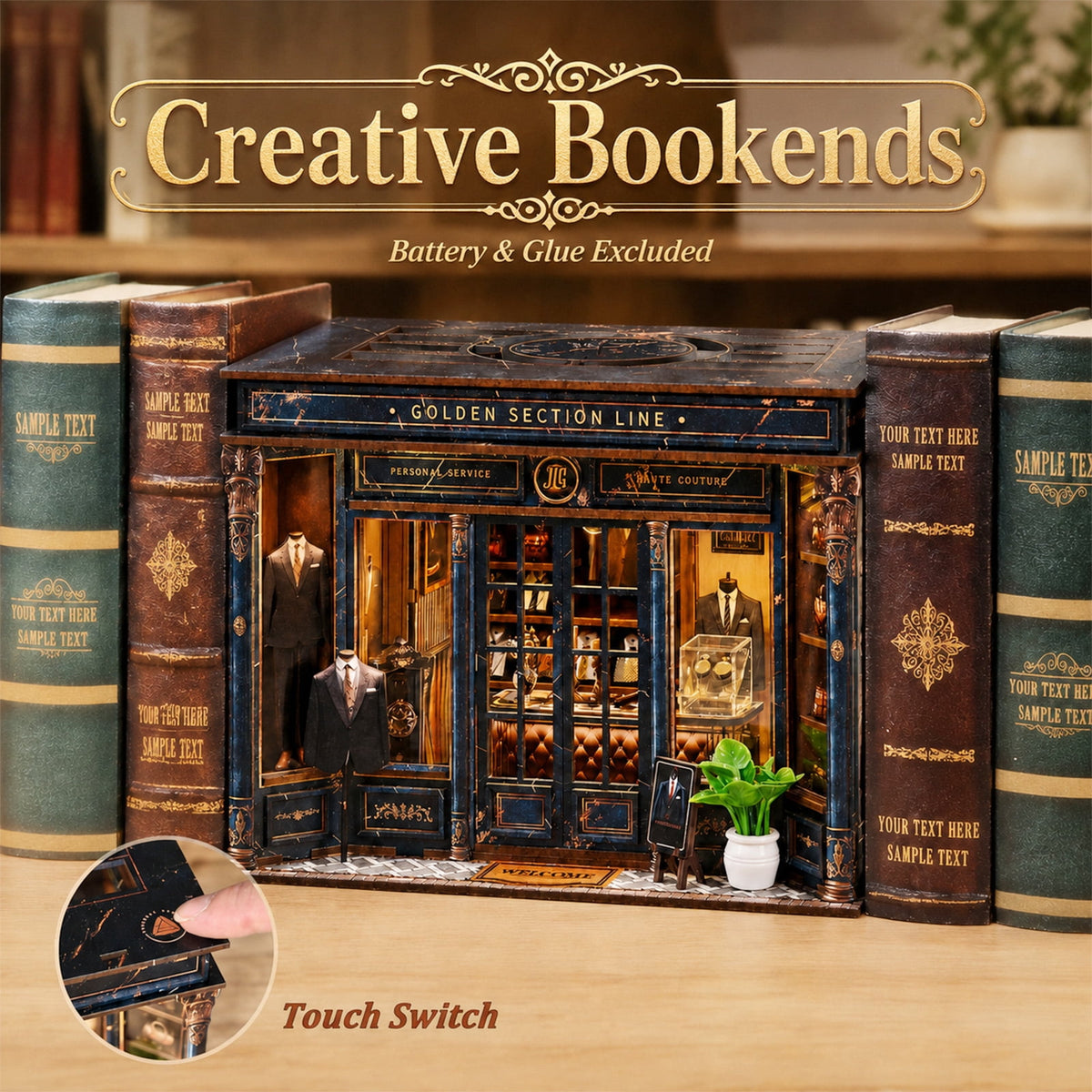MOJINO Book Nook Kit for Adults, DIY Miniature House Kit, 3D Wooden Puzzle Bookshelf Decor, Suit Shop Craft Kit, Golden Section Line