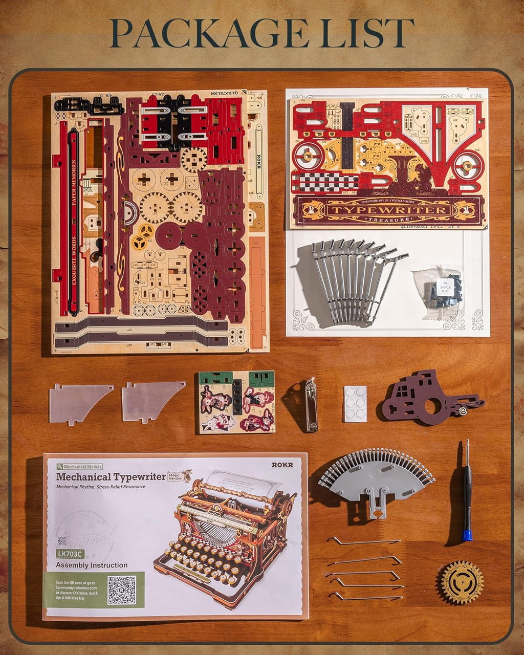 ROKR Vintage Typewriter 3D Wooden Puzzle Kit Mechanical Model with Moving Keys and Paper Roller, Retro Desktop Decor Craft for Adults