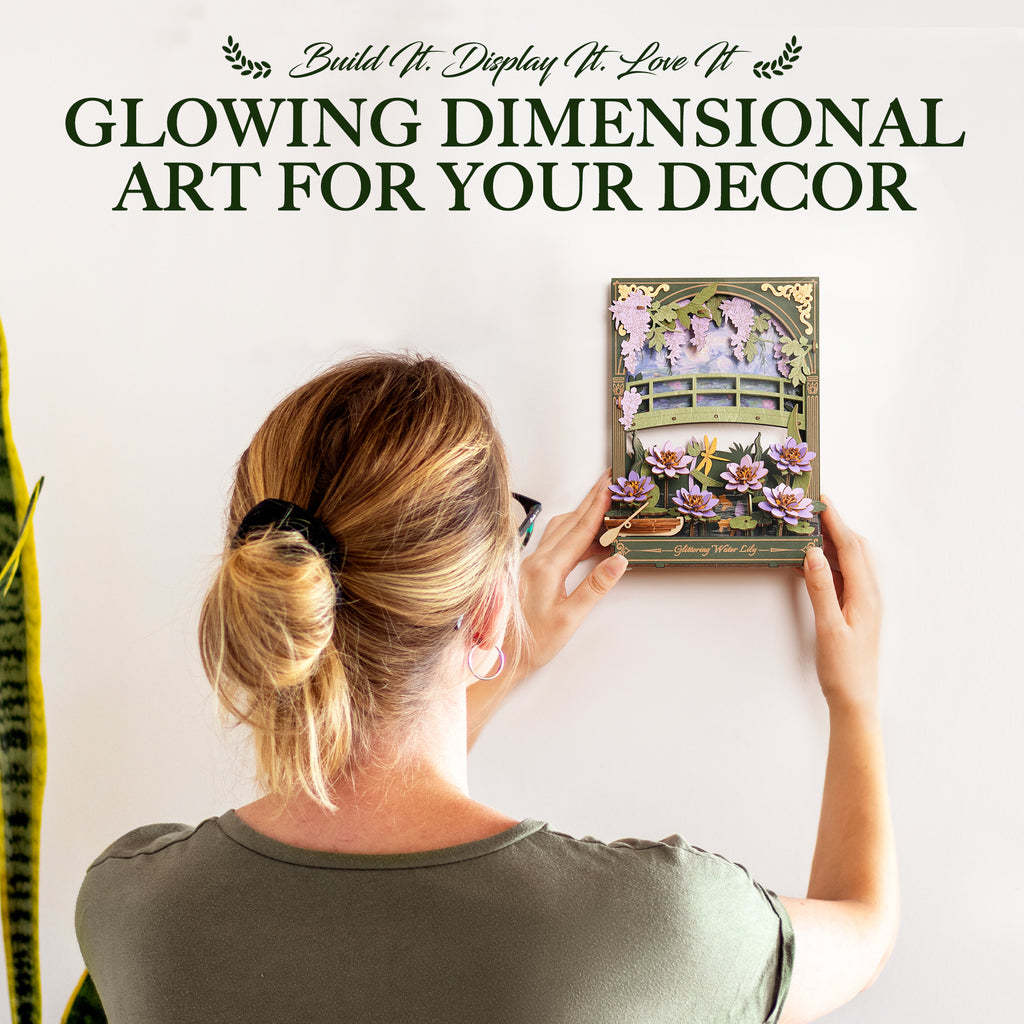 ROBOTIME Water Lily 3D Puzzle Building Set with LED, Wooden Flower Model Craft Kits for Adults to Build, Hangable DIY Construction Art Painting Wall Decor, Gifts for Adults Teens
