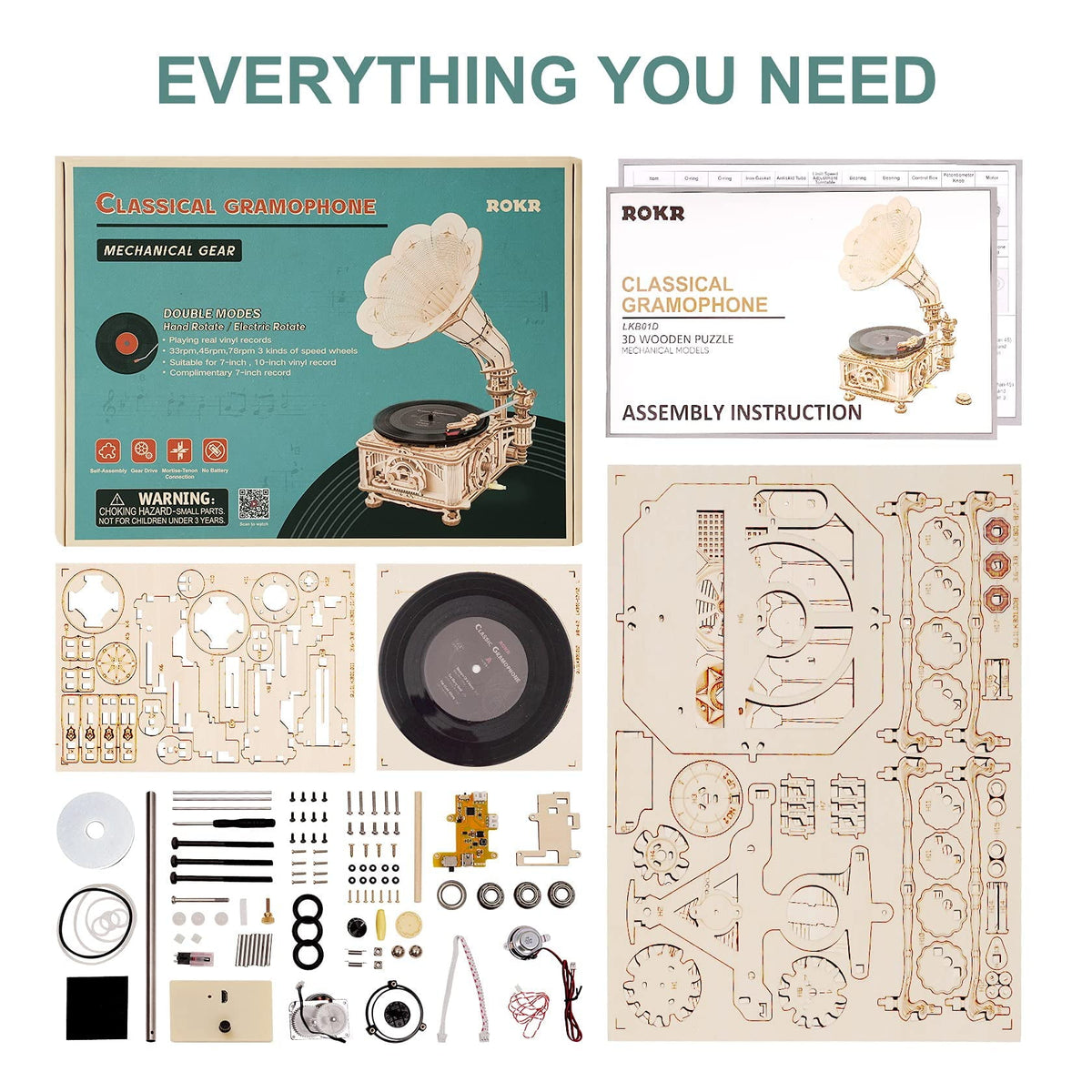 ROKR 3D Wooden Puzzle Automatic Gramophone Model Kits Electric Mode Self-Assembly Record Player Support 7"/10" Vinyl Premium Gifts Home Decor