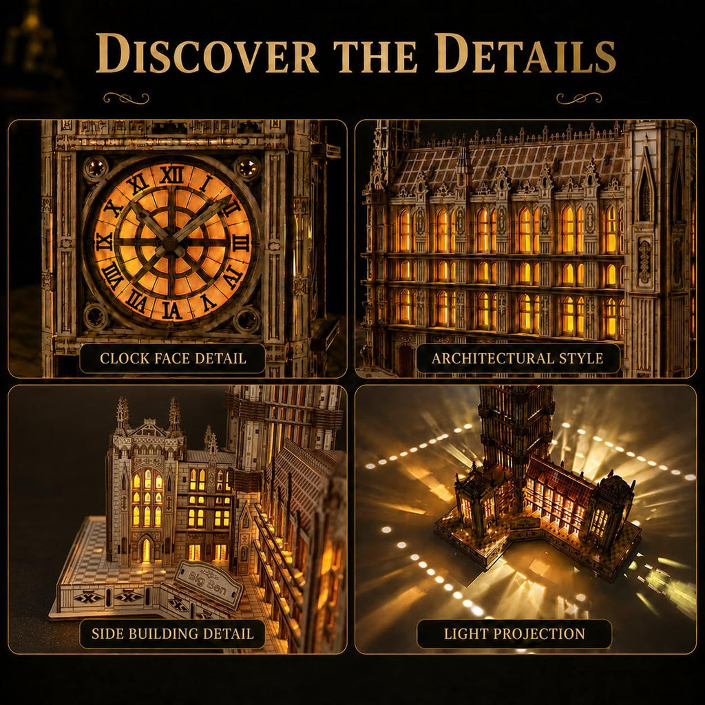 3D Wooden Puzzle for Adults, Big Ben London Clock Tower Model Kit with LED | Warm LED Display, DIY Model Building, Home Decor, Gift for Adults & Puzzle Lovers，595PCS，Laser-Cut Wood Pieces