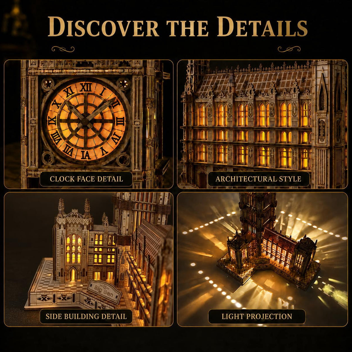 3D Wooden Puzzle for Adults, Big Ben London Clock Tower Model Kit with LED | Warm LED Display, DIY Model Building, Home Decor, Gift for Adults & Puzzle Lovers，595PCS，Laser-Cut Wood Pieces