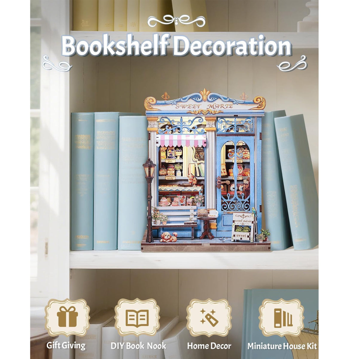 Book Nook Kit, DIY Miniature Bakery Patisserie Hobby Kit for Adults, 3D Wooden Puzzle Bookshelf Decor, Sweet Marie Theme