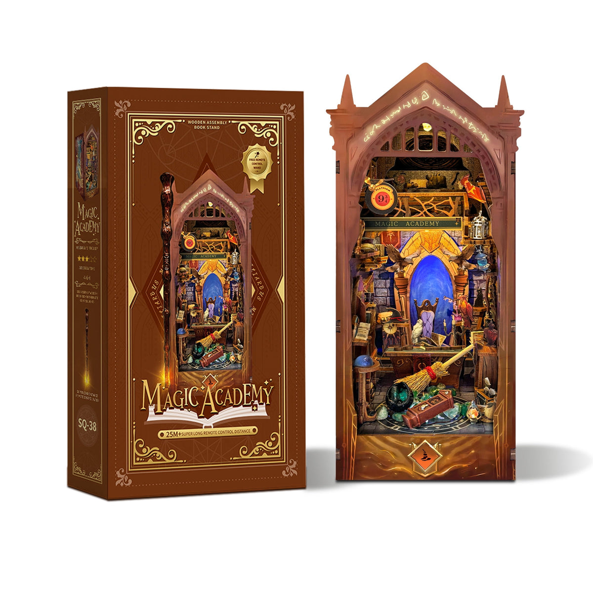 Strucwood DIY Book Nook Kit Magic Academy: 3-Color LED, Remote Control & Dust Cover, 3D Wooden Puzzle Gift for Adults（SQ-38）