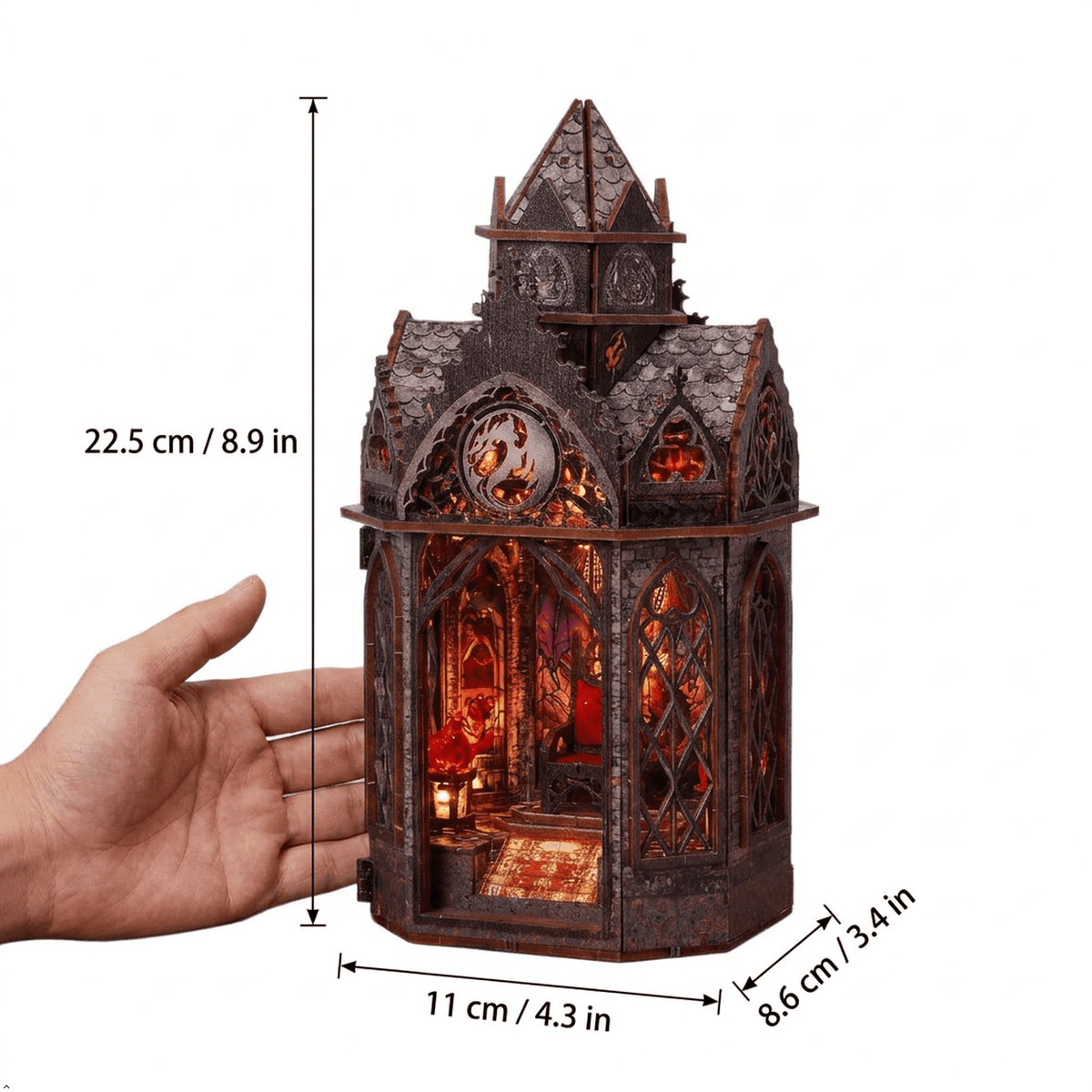Ygarkreit Fantasy Dragon Gothic Castle DIY Book Nook Kit with LED Lights & Openable Doors, 3D Wooden Puzzle for Adults, Dark‑Fantasy Diorama Model Building Kit, Miniature House Wood Craft Kit for Tab