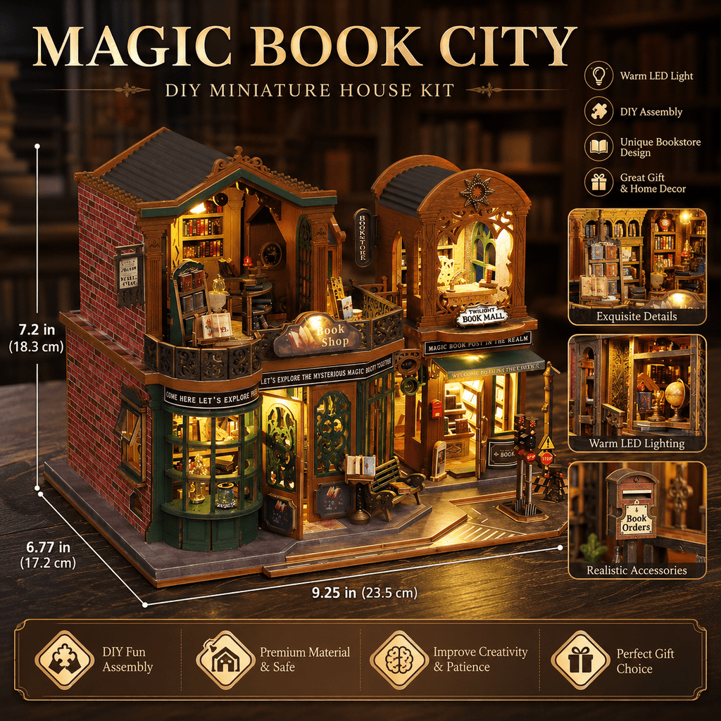 MOJINO DIY Miniature House Kit, Twilight Bookstore Book Nook Kit with LED Light, 3D Wooden Puzzle Book Nook Building Kit for Adults, Teens, Bookshelf Decor Gift