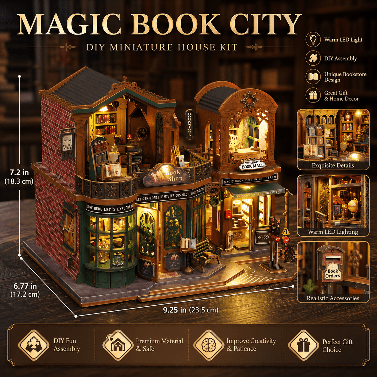 MOJINO DIY Miniature House Kit, Twilight Bookstore Book Nook Kit with LED Light, 3D Wooden Puzzle Book Nook Building Kit for Adults, Teens, Bookshelf Decor Gift