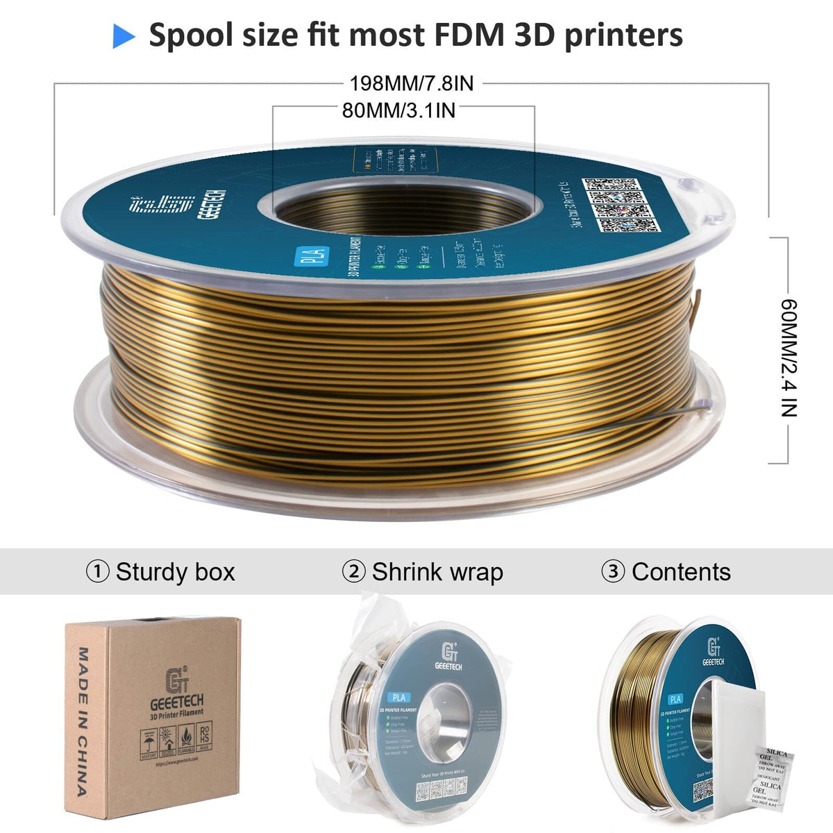 Geeetech Anti-silk type 3D Printer PLA Filament 1KG Toughness Enhanced Filament with 1.75mm Dimensional Accuracy +/-0.03mm, 1080 Feet per Roll, Vacuum Packaging Two-tone gold copper