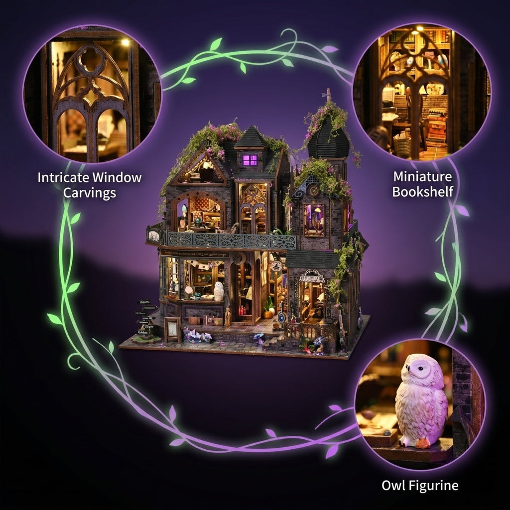 Halloween DIY Enchanted Castle, Light‑Up Musical Magic Store Building Set, Craft Kits for Adults, Detailed Wooden 3D Puzzle Model, Halloween Decorations Indoor & Holiday Collectible Gift