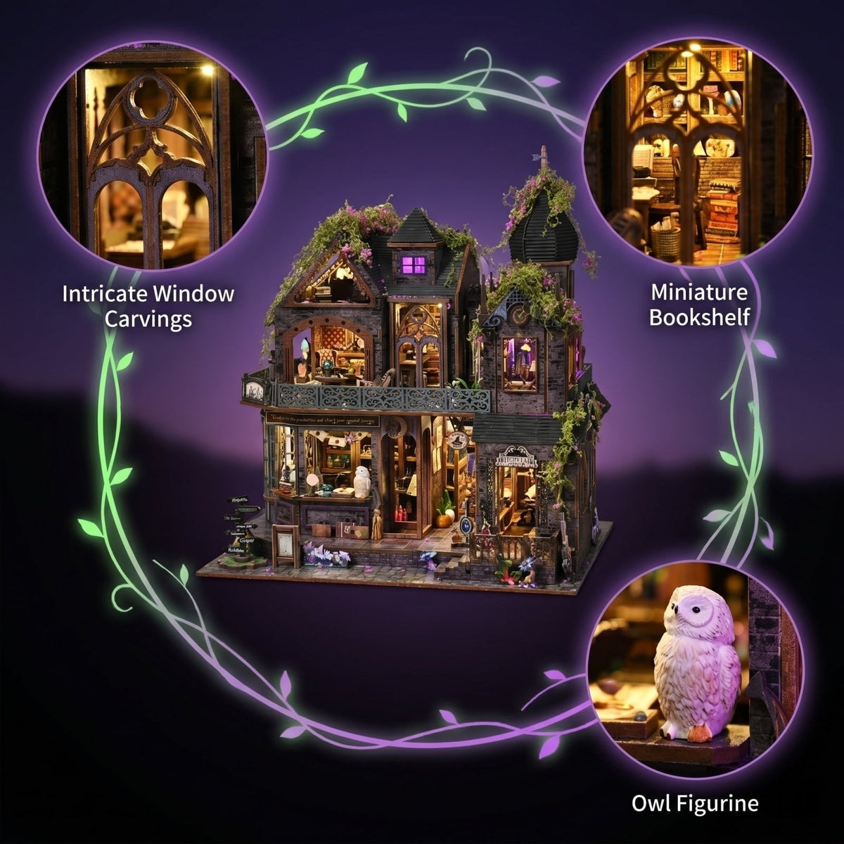 Halloween DIY Enchanted Castle, Light‑Up Musical Magic Store Building Set, Craft Kits for Adults, Detailed Wooden 3D Puzzle Model, Halloween Decorations Indoor & Holiday Collectible Gift