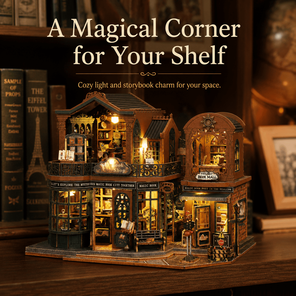 MOJINO DIY Miniature House Kit, Twilight Bookstore Book Nook Kit with LED Light, 3D Wooden Puzzle Book Nook Building Kit for Adults, Teens, Bookshelf Decor Gift