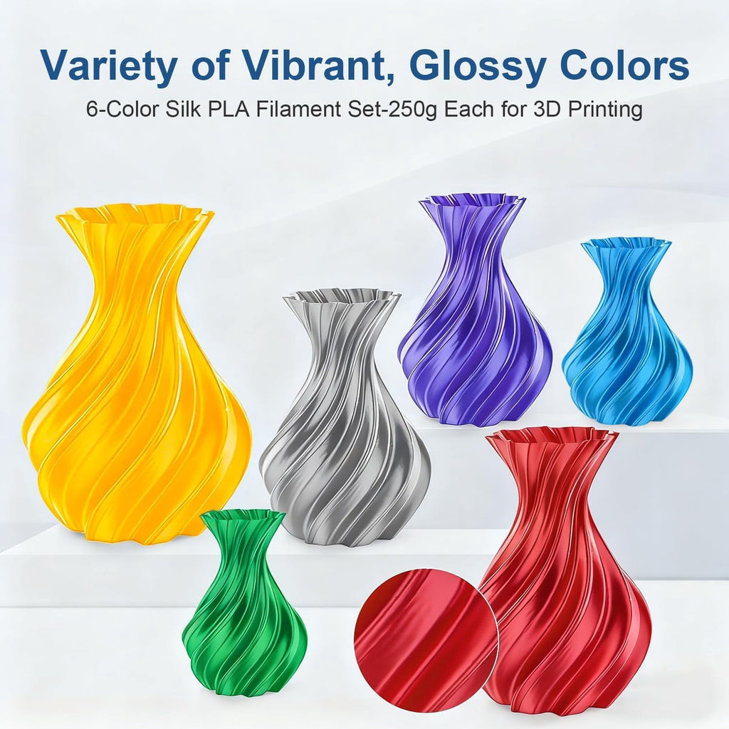 3D Printer Filament Bundle, Silk PLA 6 Colors 1.75mm/250gx6 Spools High Gloss, Super Shiny&Smooth, Beginner-Friendly for DIY, (Gold/Silver/Red/Green/Blue/Purple)