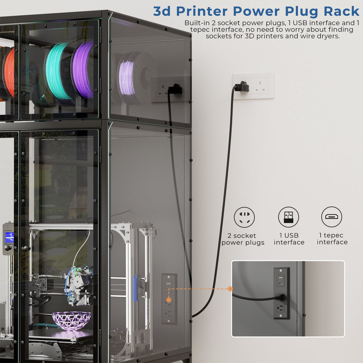 LifeSky 3D Printer Cabinet with Noise Reduction for Quiet Late Night Printing: Drops Noise from 60dB to 35dB - Deep Night Studio Use - Holds 54 Filaments & Built-in Power Hub