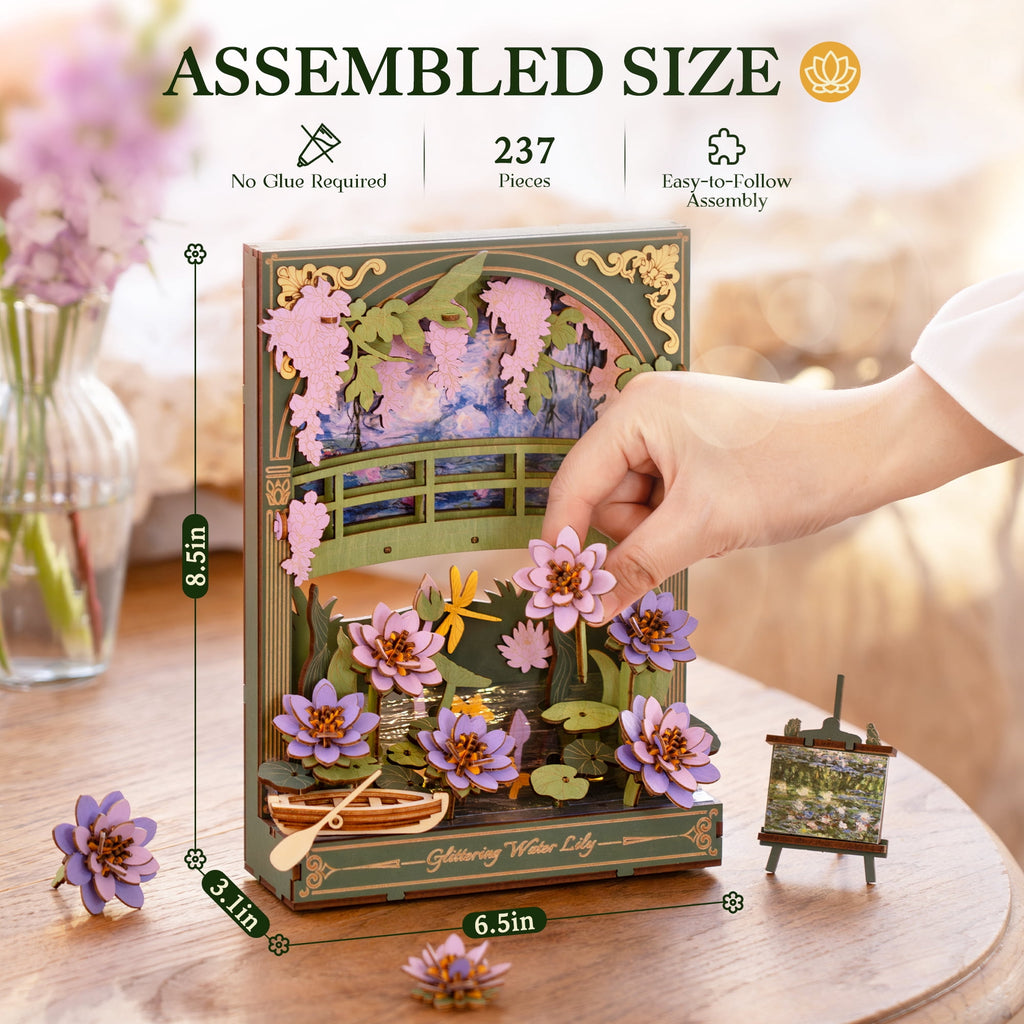 ROBOTIME Water Lily 3D Puzzle Building Set with LED, Wooden Flower Model Craft Kits for Adults to Build, Hangable DIY Construction Art Painting Wall Decor, Gifts for Adults Teens