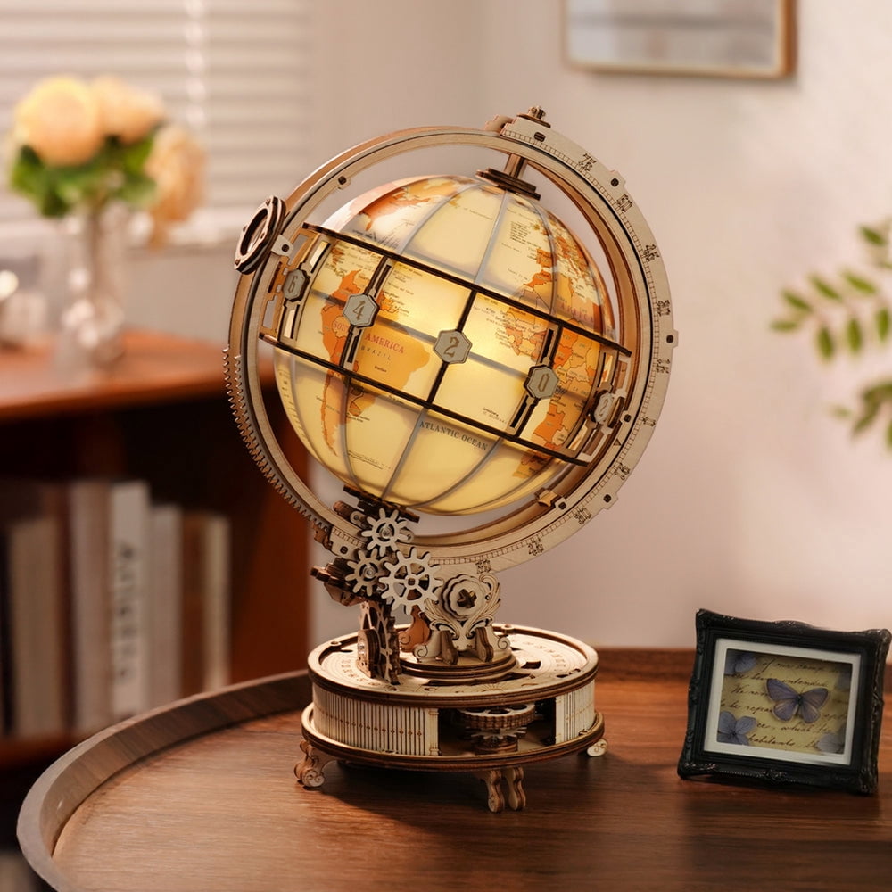 ROKR Luminous Globe 3D Wooden Puzzle for Adults, Electric Rotating Illuminated Globe with Stand, 180-Piece DIY Model Building Kit with LED Light, Home Office Desk Decor Birthday Gift