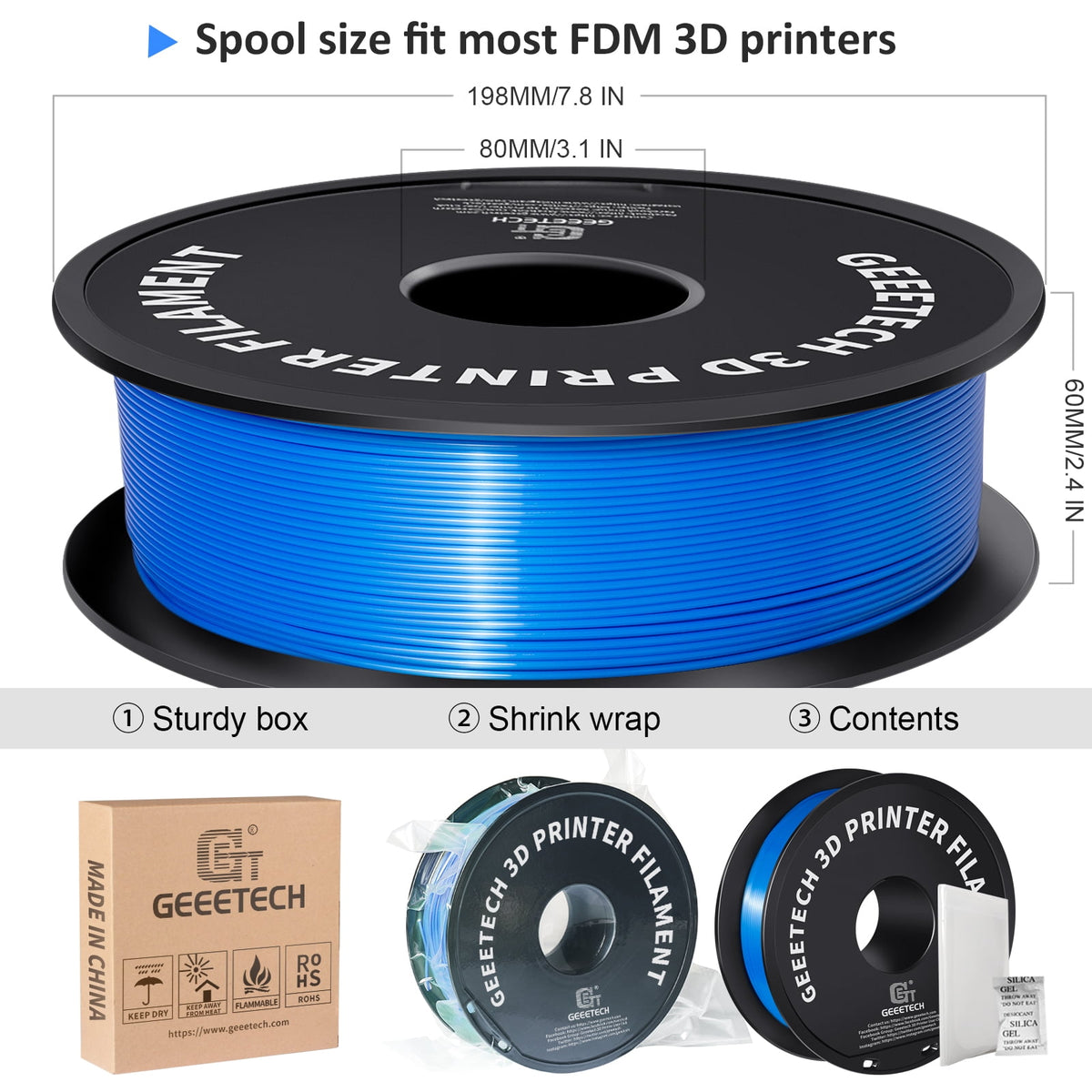 Geeetech 3D Printer PLA Filament Silk Sky Blue Toughness Enhanced Filament with 1.75mm Dimensional Accuracy +/-0.03mm, 1080 Feet per Roll, Vacuum Packaging for Most 3D FDM Printer