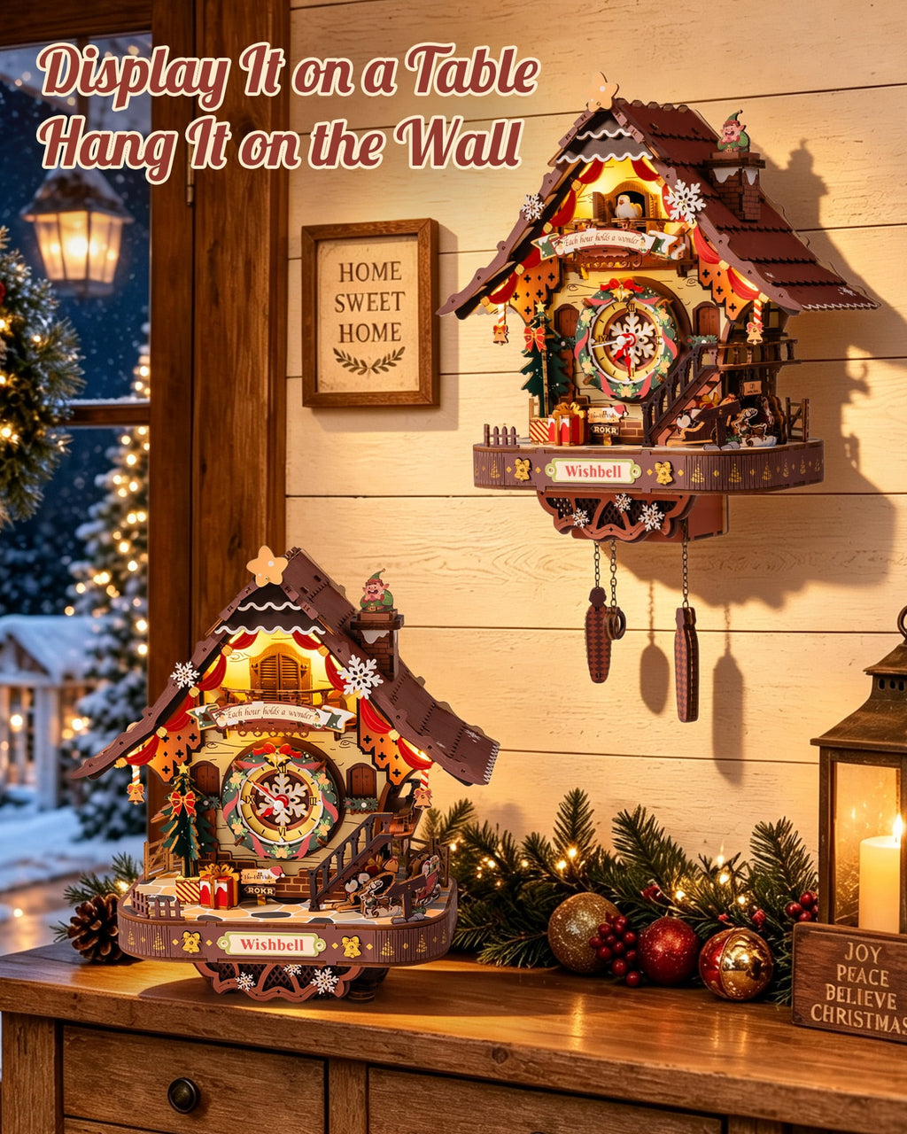 ROKR Christmas Cuckoo Clock, Wooden 3D Puzzle Mechanical Model Kit with LED Light and Moving Parts, Holiday Home Decor Display Xmas Gift for Adults