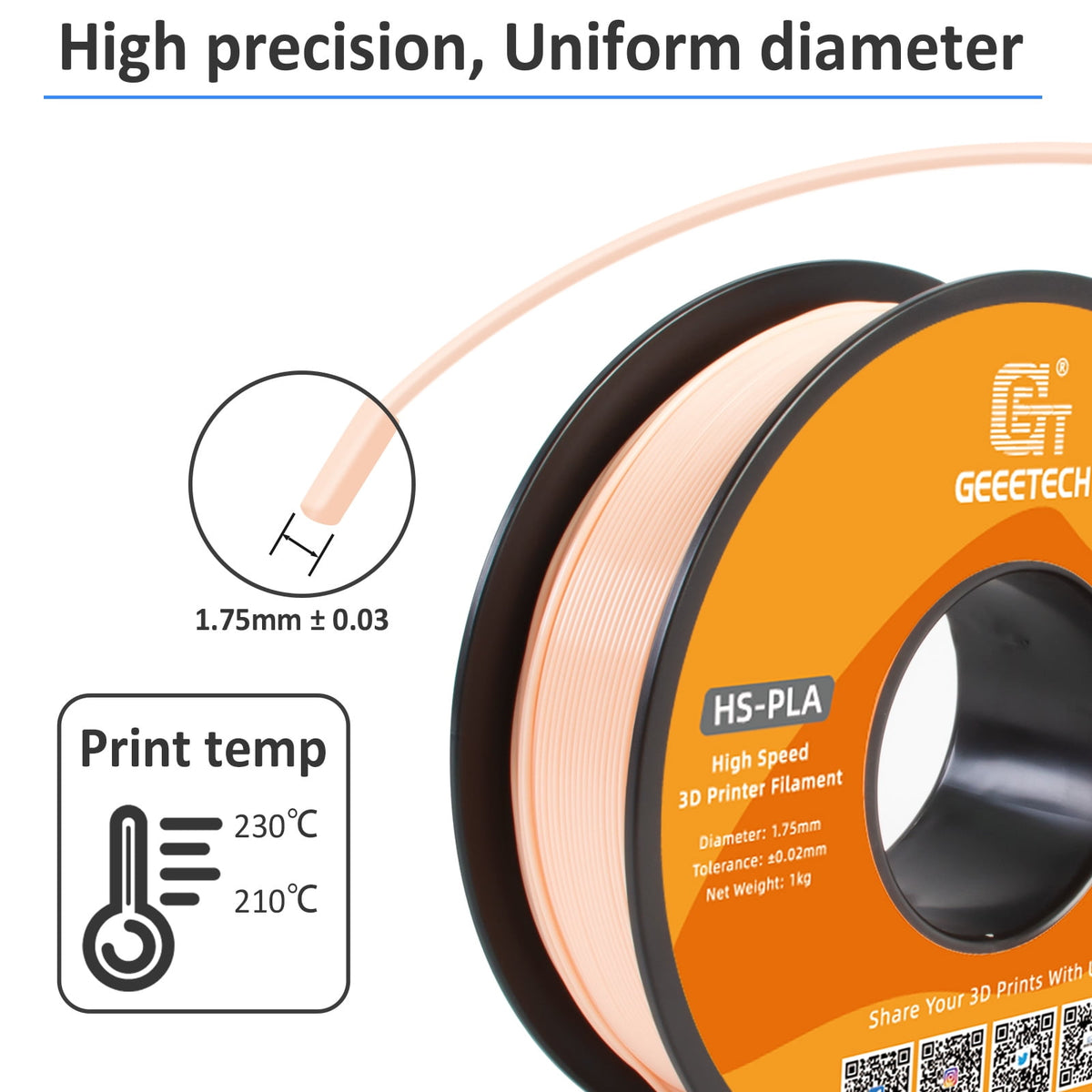 Geeetech 1.75mm PLA 3D Printer Filament, 1kg Spool (2.2lbs), Dimensional Accuracy +/- 0.03mm,yellow