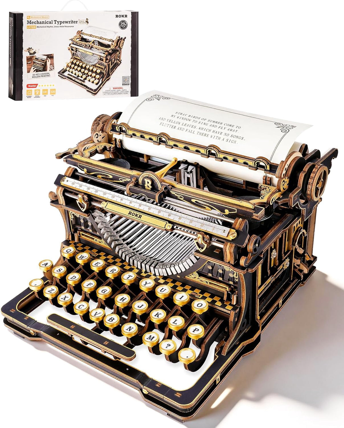 ROKR Vintage Typewriter 3D Wooden Puzzle Kit Mechanical Model with Moving Keys and Paper Roller, Retro Desktop Decor Craft for Adults