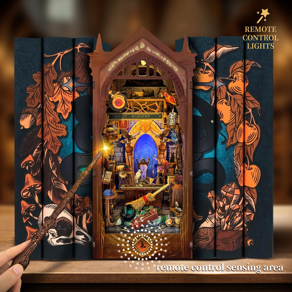 Strucwood DIY Book Nook Kit Magic Academy: 3-Color LED, Remote Control & Dust Cover, 3D Wooden Puzzle Gift for Adults（SQ-38）