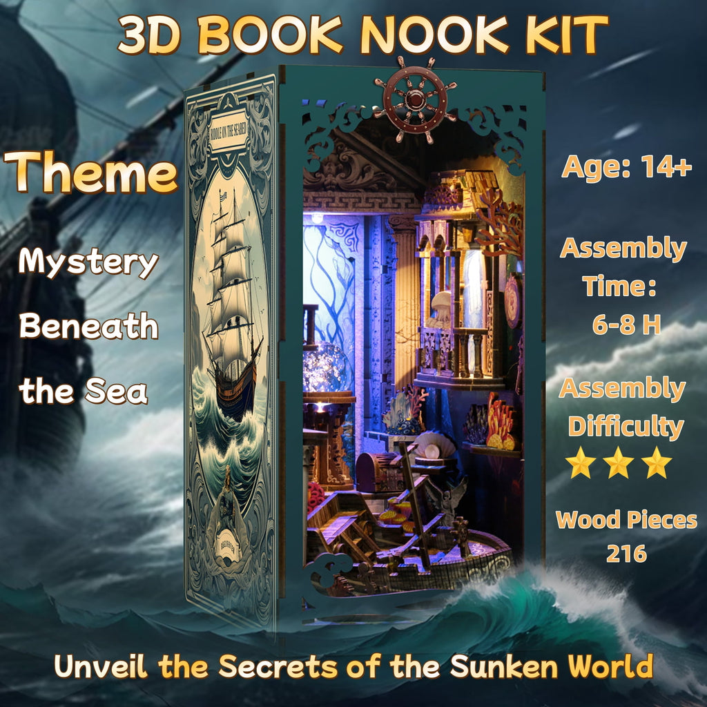 DIY Book Nook Kit, Mysteries Beneath the Sea 3D Wooden Puzzle with LED Light, Bookshelf Craft Kit for Adults Teens (14+)