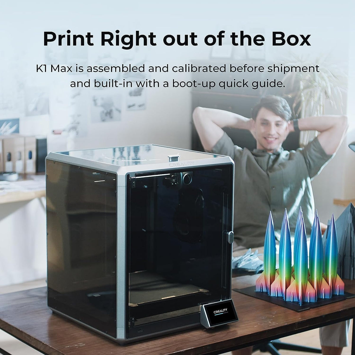 Creality K1 Max 3D Printer with 600mm/s High-Speed Fused Deposition Modeling 3D Printing Smart AI Function 300°C High-Temperature Nozzle Direct Extruder Auto Leveling Printing Size 11.81x11.81x11.81