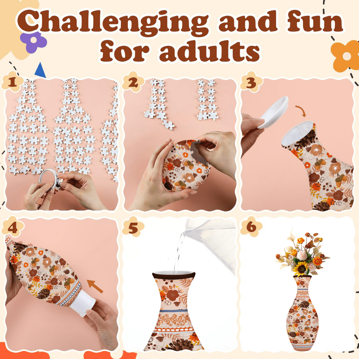 3D Puzzle Vase with 160 3D Jigsaw Puzzle Pieces for Adults & Kids Flower Arrangement Home Decor