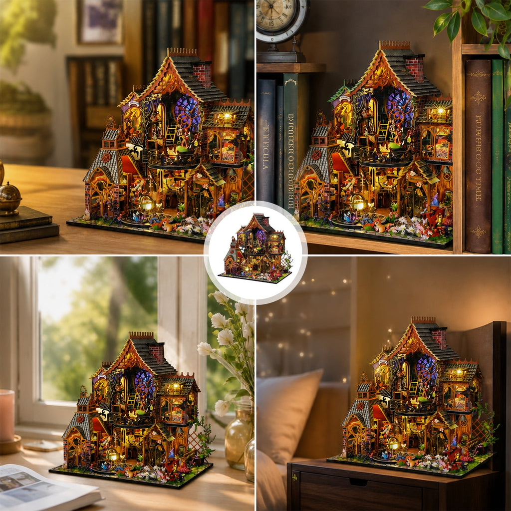 MOJINO Book Nook kit, DIY Miniature House Kit for Adults, Magic Witch House 3D Wooden Puzzle Dollhouse with LED Lights, Fantasy Room Decor and Craft Gift