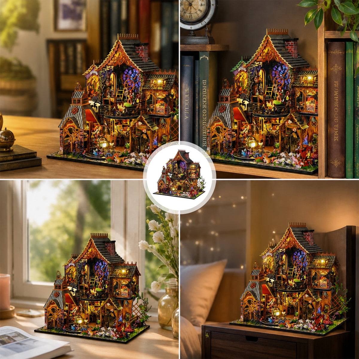 MOJINO Book Nook kit, DIY Miniature House Kit for Adults, Magic Witch House 3D Wooden Puzzle Dollhouse with LED Lights, Fantasy Room Decor and Craft Gift