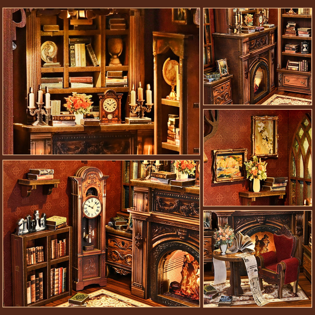 DIY Book Nook Kit – 3D Wooden Puzzle Miniature House Bookshelf Insert with LED Light, Craft Kit for Adults & Teens, Library of Glimmers