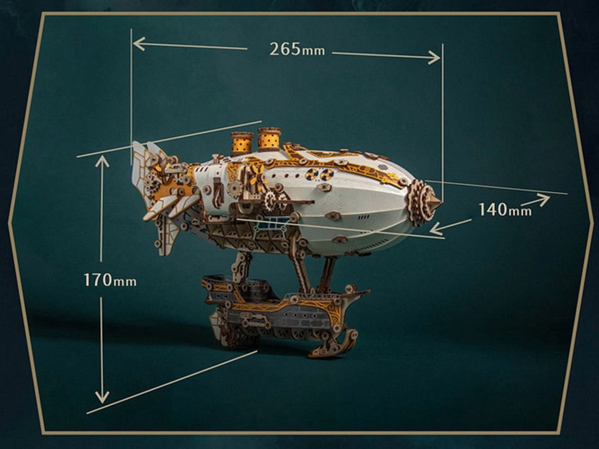 Steampunk Airship Blimp 3D Wooden Puzzle Model Kit with LED Lights, Vintage Desk Decor Craft Gift for Adults