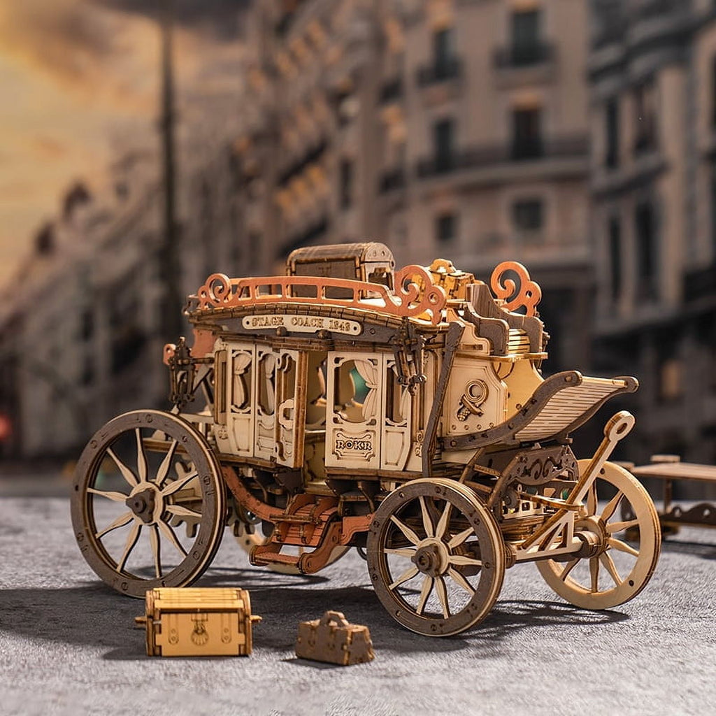 Robotime 3D Wooden Puzzles for Adults Music Box Model Car Stagecoach Toys Gift for Teens Adult