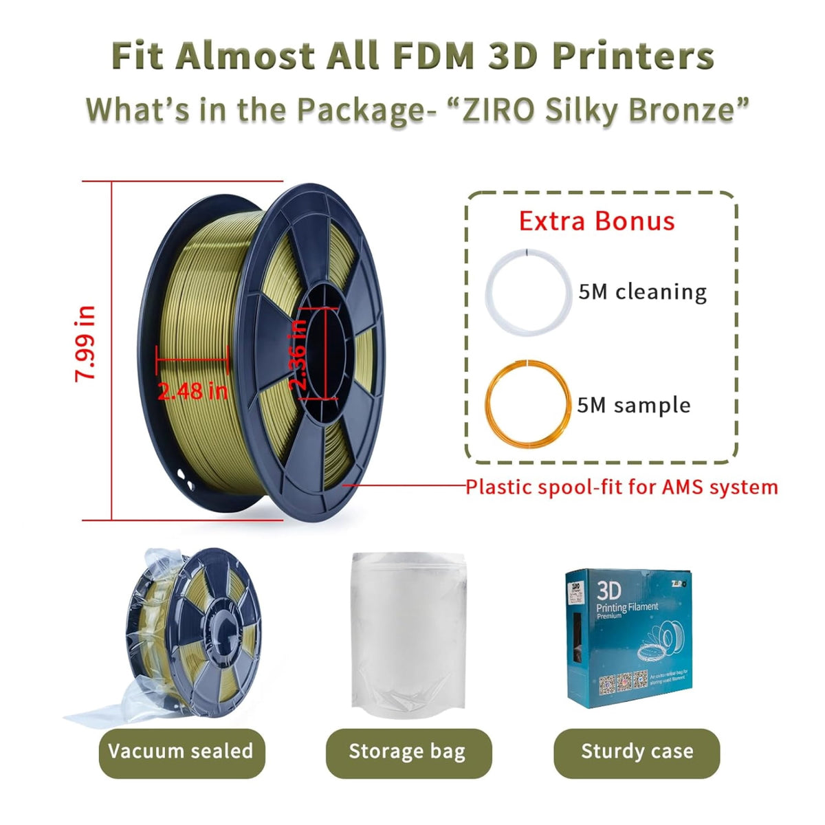 Ziro 3D Silk PLA Filament 1.75mm 1kg, Silver-Gray