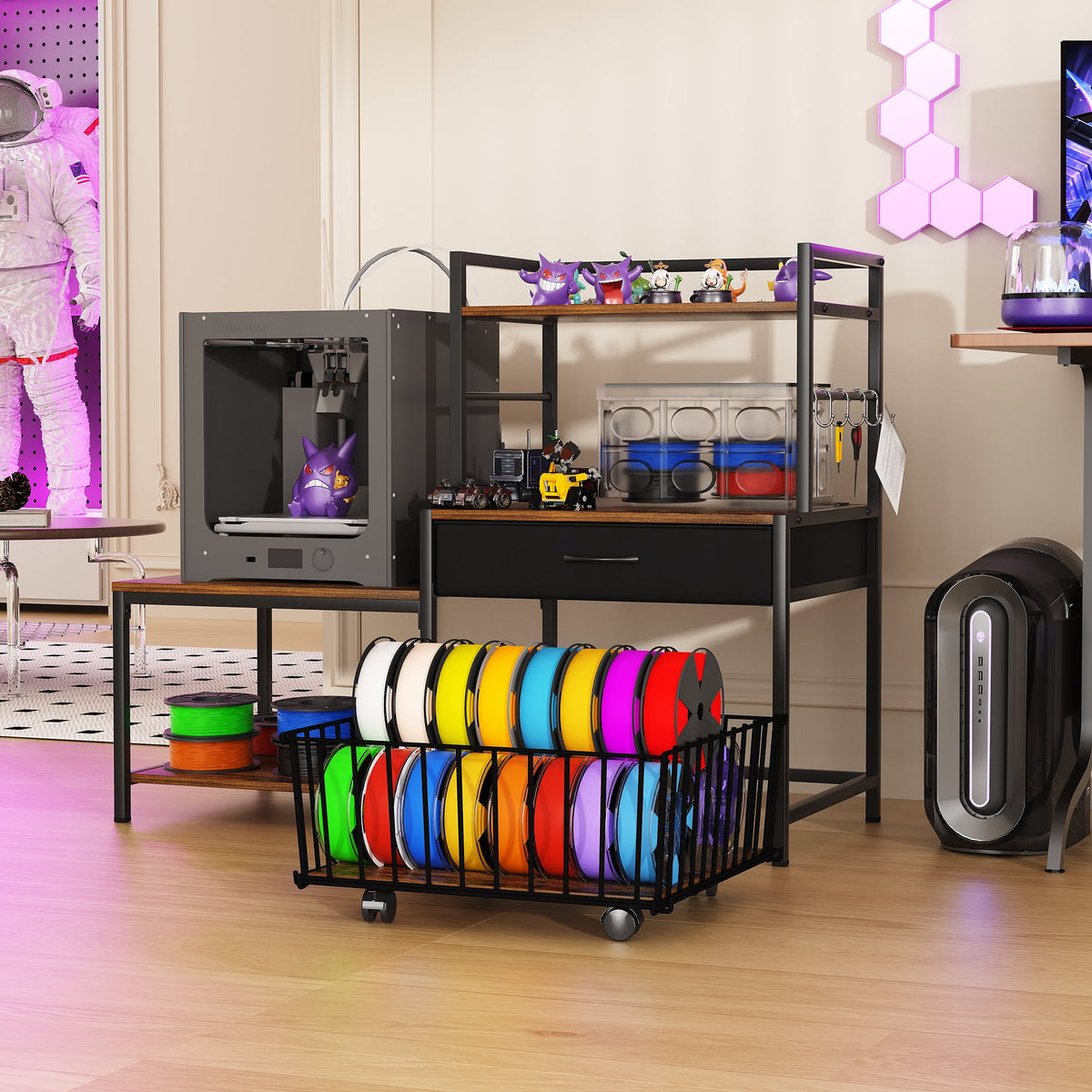 Heavy Duty 3D Printer Stand with Storage Shelf and Drawer, Industrial Rolling Printer Rack for 3D Printer Filament and Tools, Sturdy Metal Frame Printer Table for Home Office Workshop