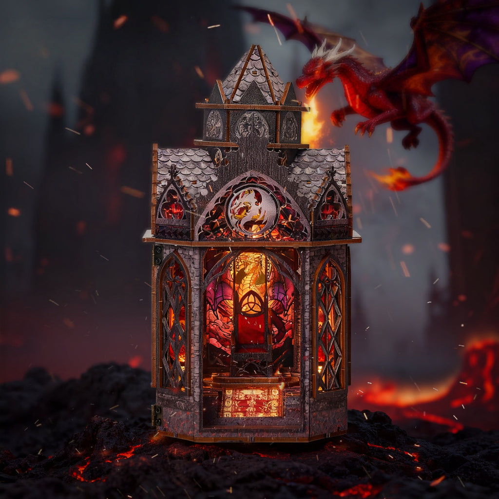 Ygarkreit Fantasy Dragon Gothic Castle DIY Book Nook Kit with LED Lights & Openable Doors, 3D Wooden Puzzle for Adults, Dark‑Fantasy Diorama Model Building Kit, Miniature House Wood Craft Kit for Tab