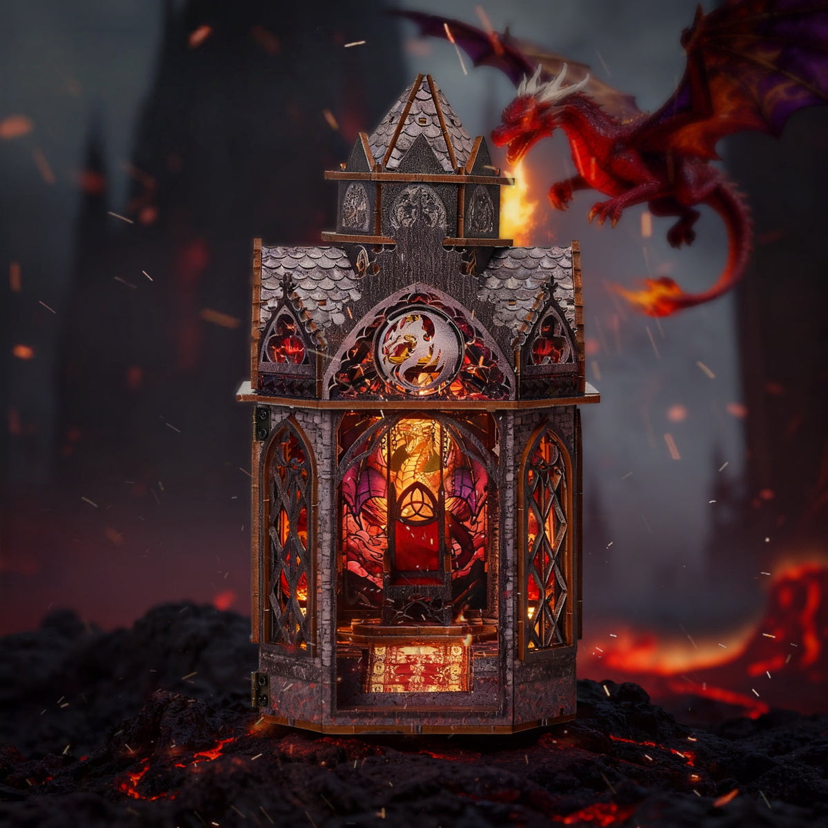 Ygarkreit Fantasy Dragon Gothic Castle DIY Book Nook Kit with LED Lights & Openable Doors, 3D Wooden Puzzle for Adults, Dark‑Fantasy Diorama Model Building Kit, Miniature House Wood Craft Kit for Tab