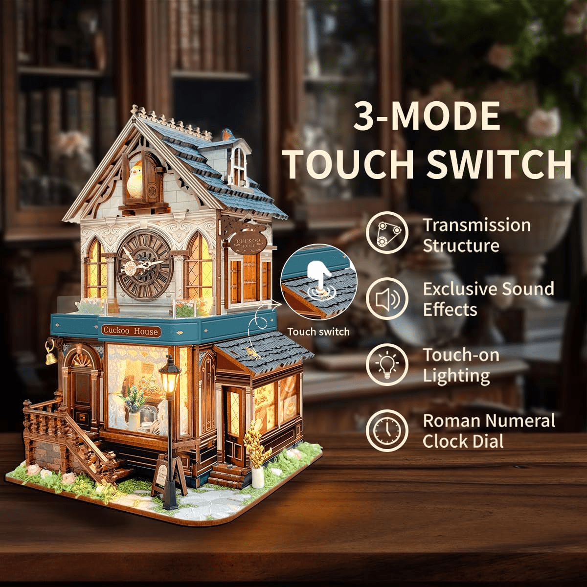 DIY Book Nook Kit,3D Wooden Puzzles - Miniature Cuckoo Clock House Kit, DIY Wooden Building Set for Adults and Teens, Mini Model Kit with 3-Mode Touch Switch - Cuckoo House