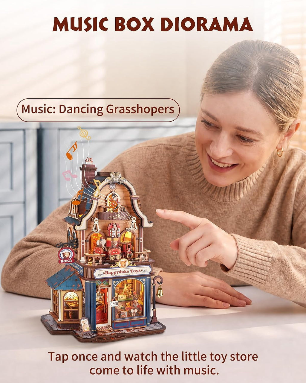 Robotime Happyduke Toy Shop 3D Puzzles for Adults, Diy Wooden Model Kit with Led Light and Music