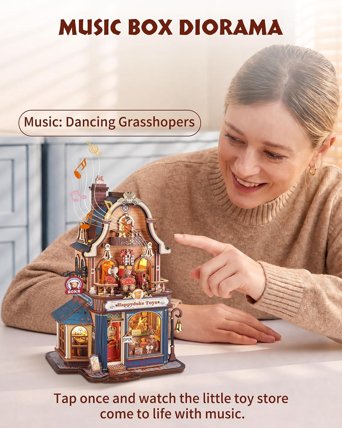 Robotime Happyduke Toy Shop 3D Puzzles for Adults, Diy Wooden Model Kit with Led Light and Music